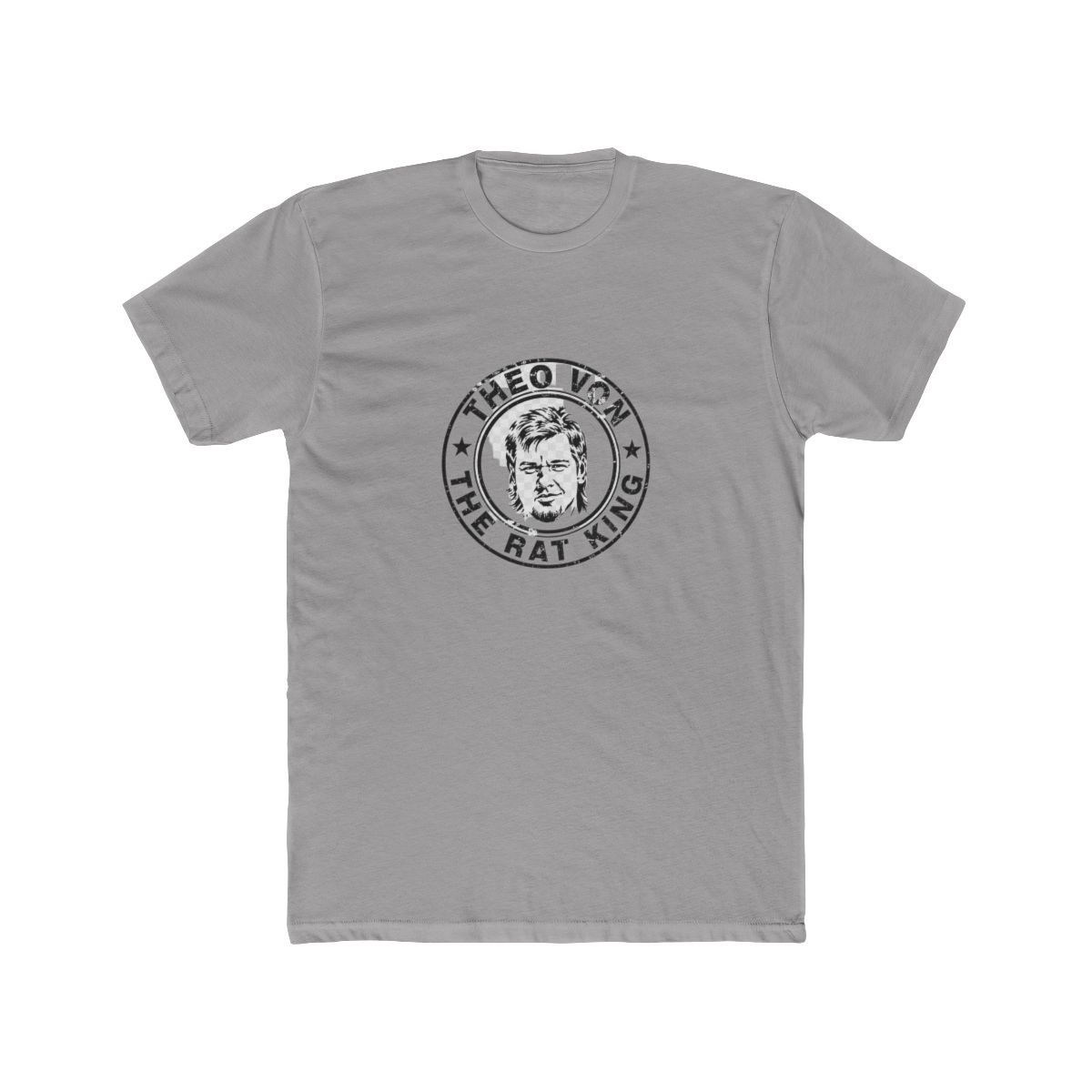 White T Shirt featuring a black and white graphic print of a man's face in a circle with the text "Theo Von The Rat King" around it