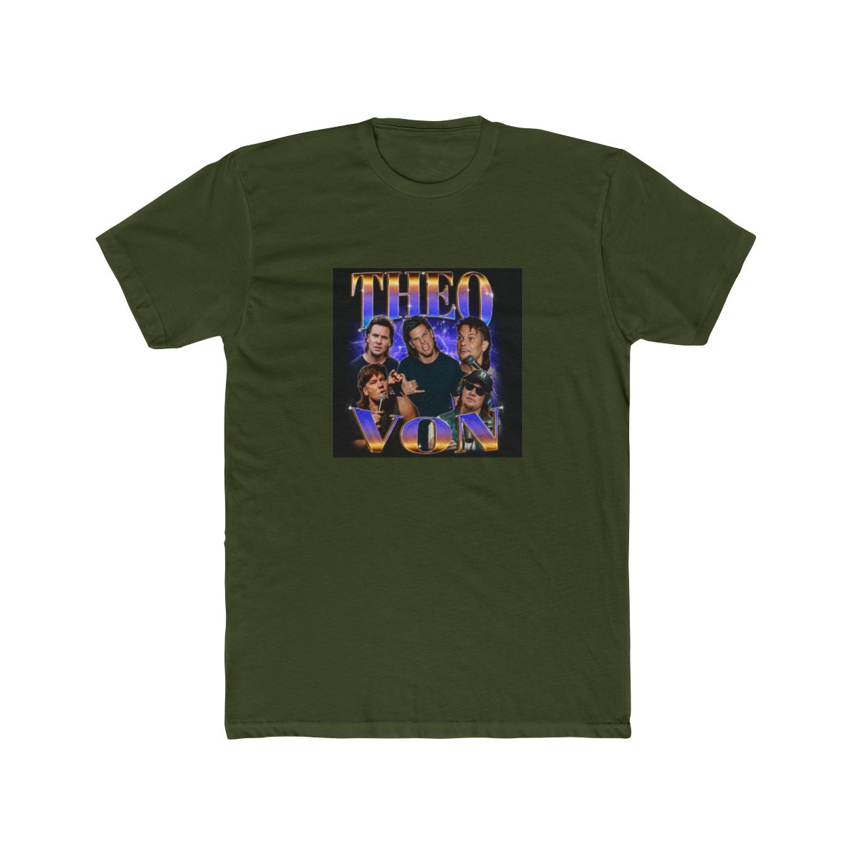 Black oversized T Shirt featuring a vintage-style graphic print of a band called "Theo Von". The graphic depicts five men against a purple and blue gradient background