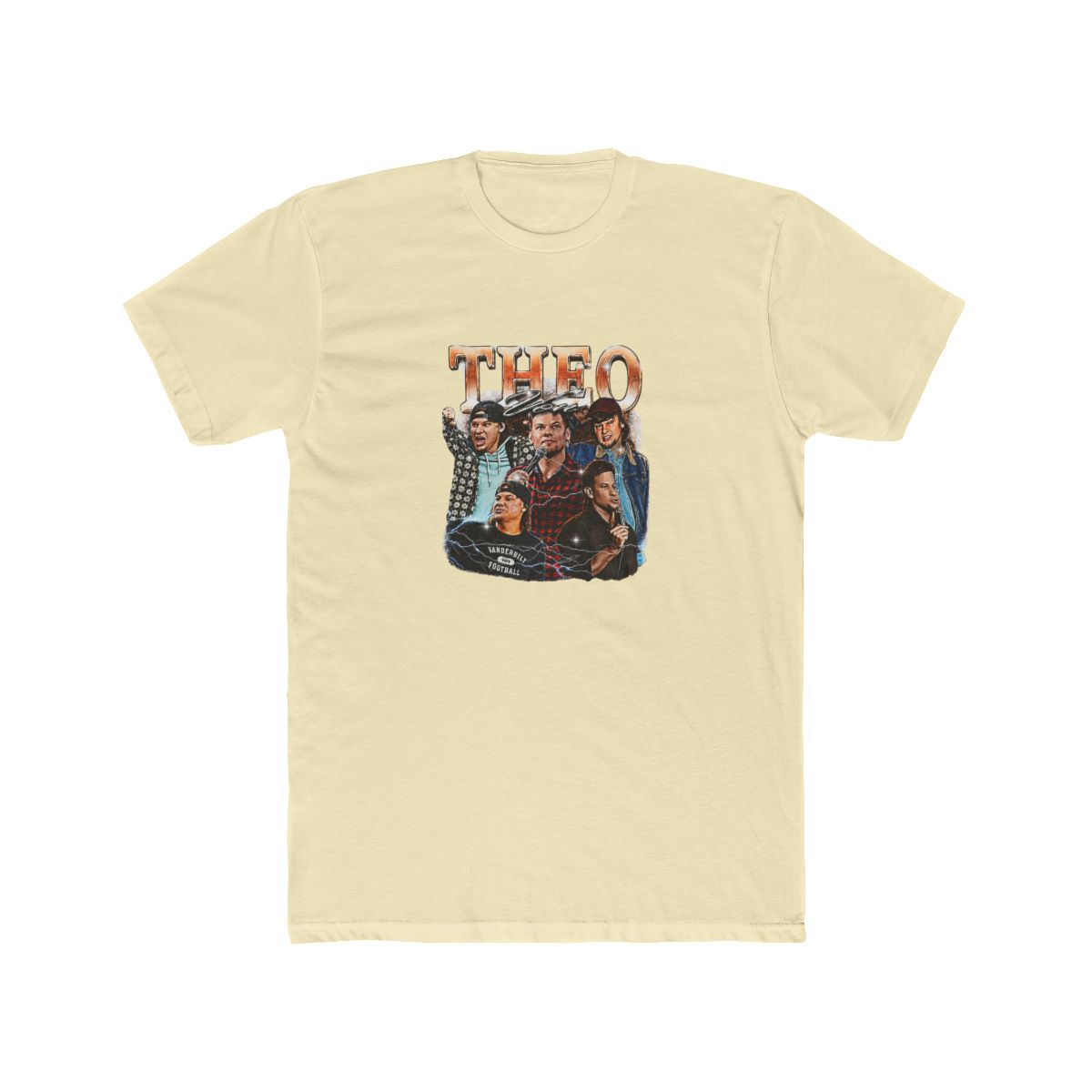 Dark grey T Shirt with a vintage-style graphic of a group of men with microphones. The word "THEO" is at the top in a stylized font. The shirt also has the text "VANDERBILT FOOTBALL"