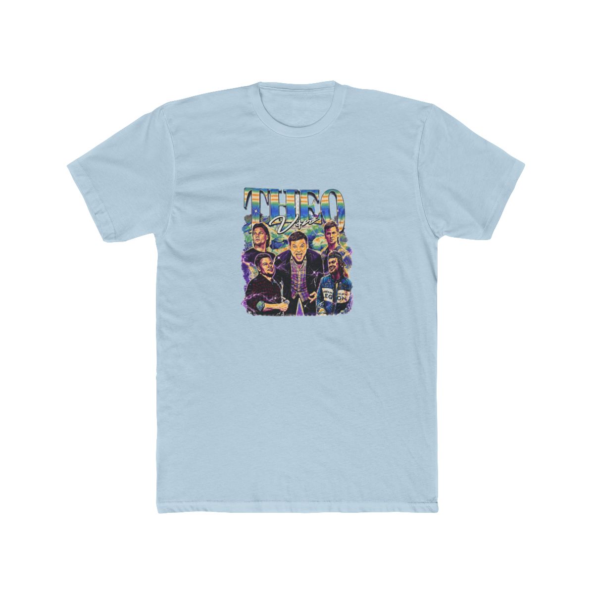 Black T Shirt with a graphic of a group of men and the text "THEO". The shirt also includes the text "Shirt ". The design has a vintage aesthetic