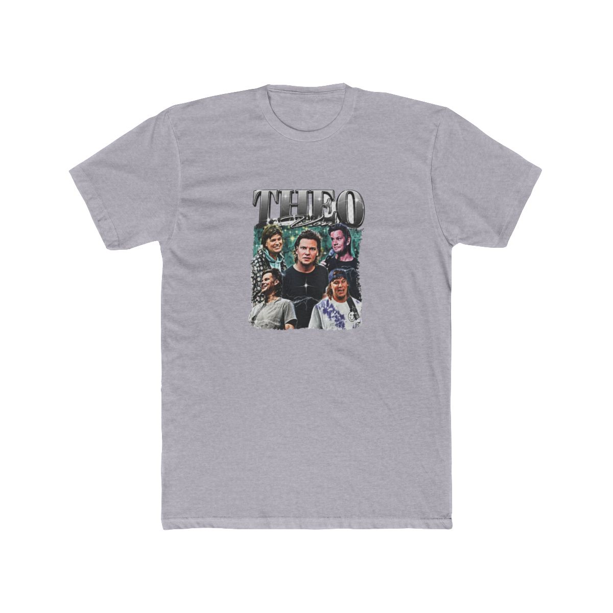 Black T Shirt with a band graphic and the text "THEO" in silver glitter. The design has a vintage, worn appearance. The words "Shirt" are displayed at the bottom of the shirt