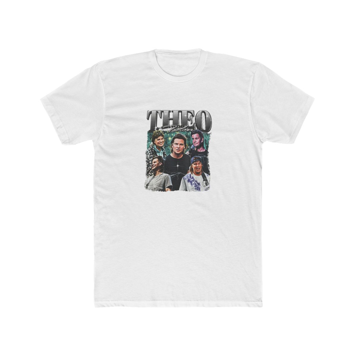 Black T Shirt with a band graphic and the text "THEO" in silver glitter. The design has a vintage, worn appearance. The words "Shirt" are displayed at the bottom of the shirt