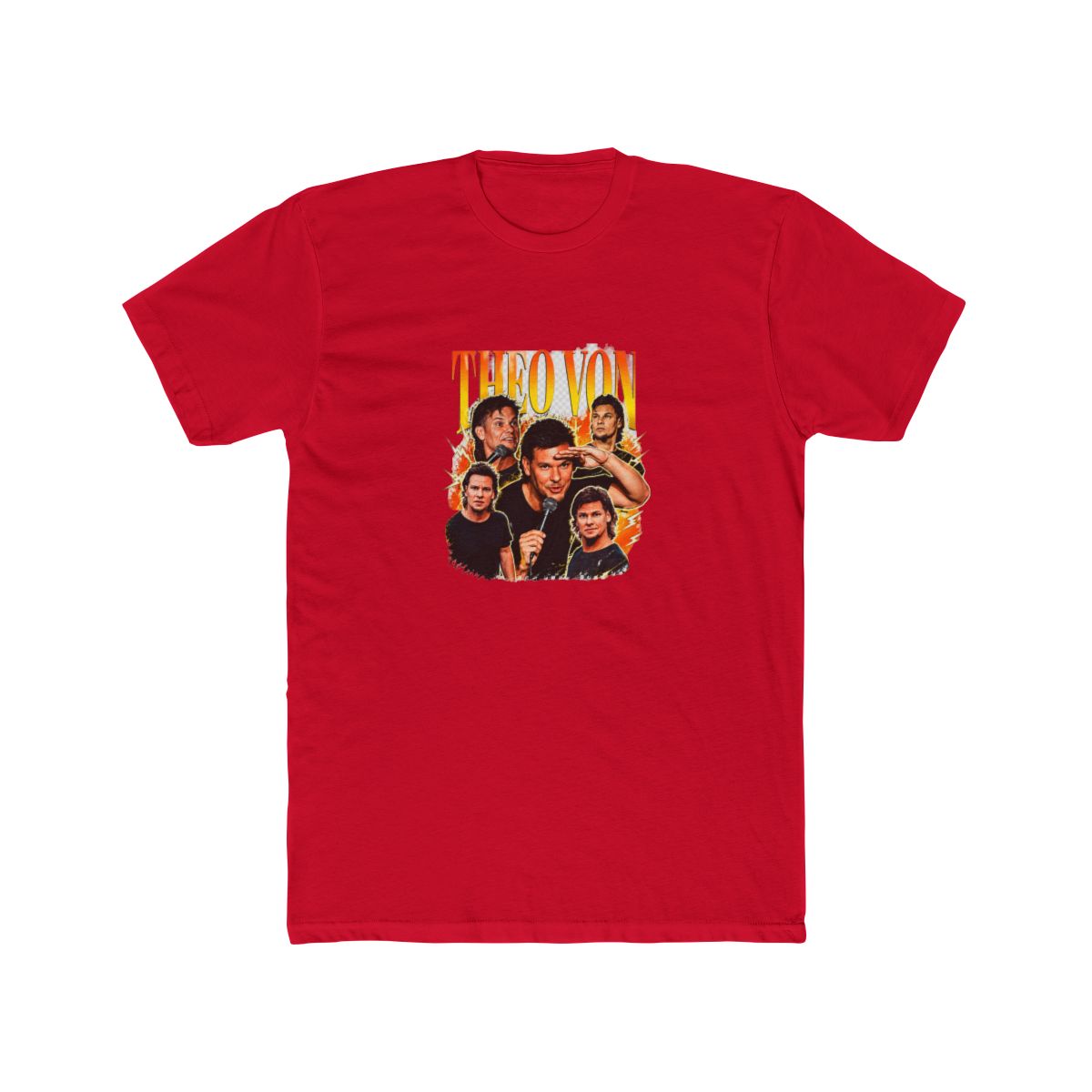 Black T Shirt with a graphic of Theo Von and the text "THEO VON" in orange and yellow. The shirt displays multiple images of Theo Von. The words "T Shirt" are at the top of the shirt