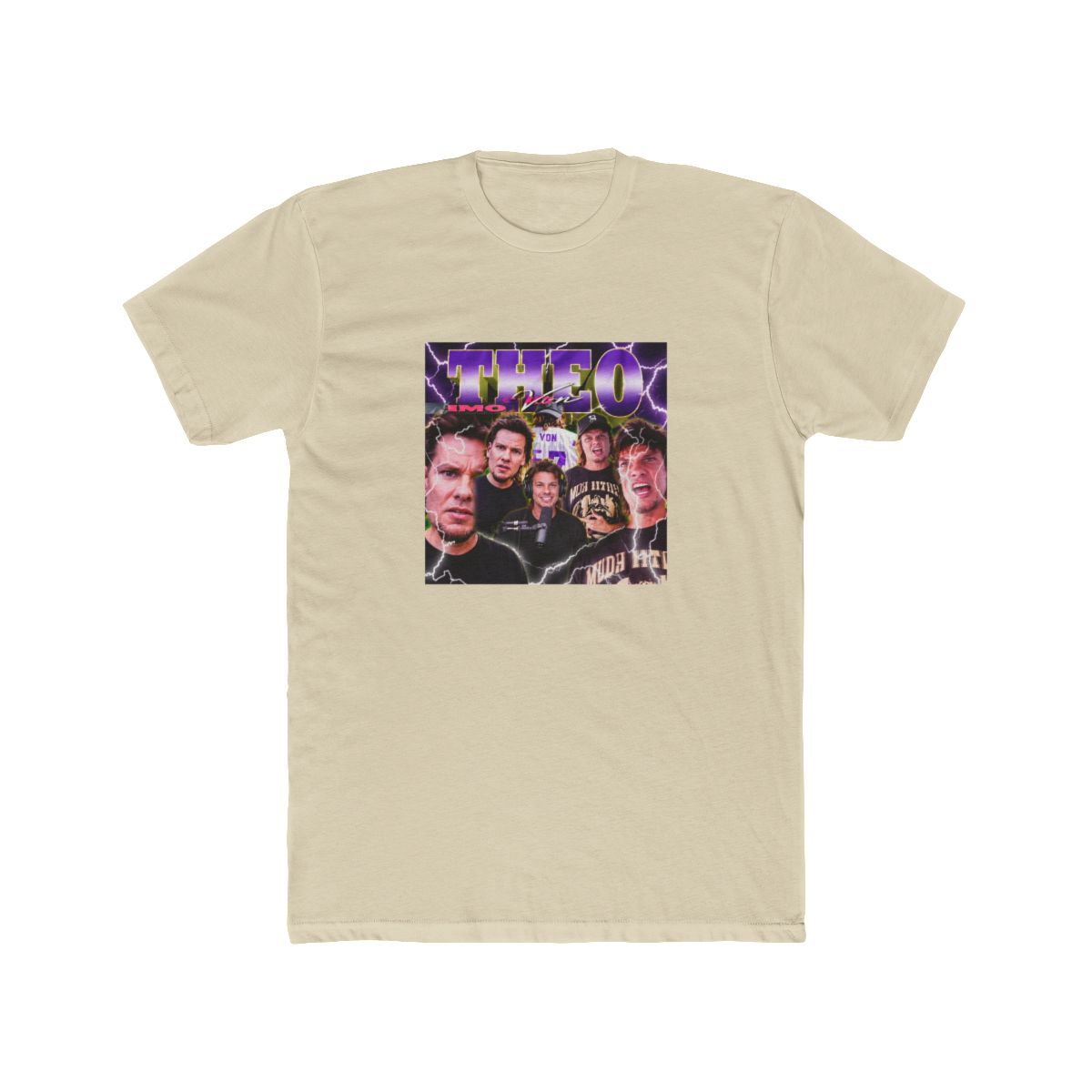 Black T Shirt with a graphic featuring the word "THEO" in purple and white, and images of several people. The background has a purple and white lightning bolt design