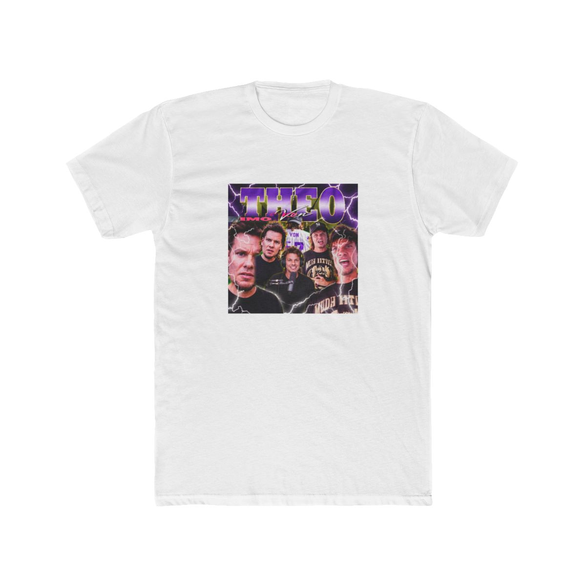 Black T Shirt with a graphic featuring the word "THEO" in purple and white, and images of several people. The background has a purple and white lightning bolt design