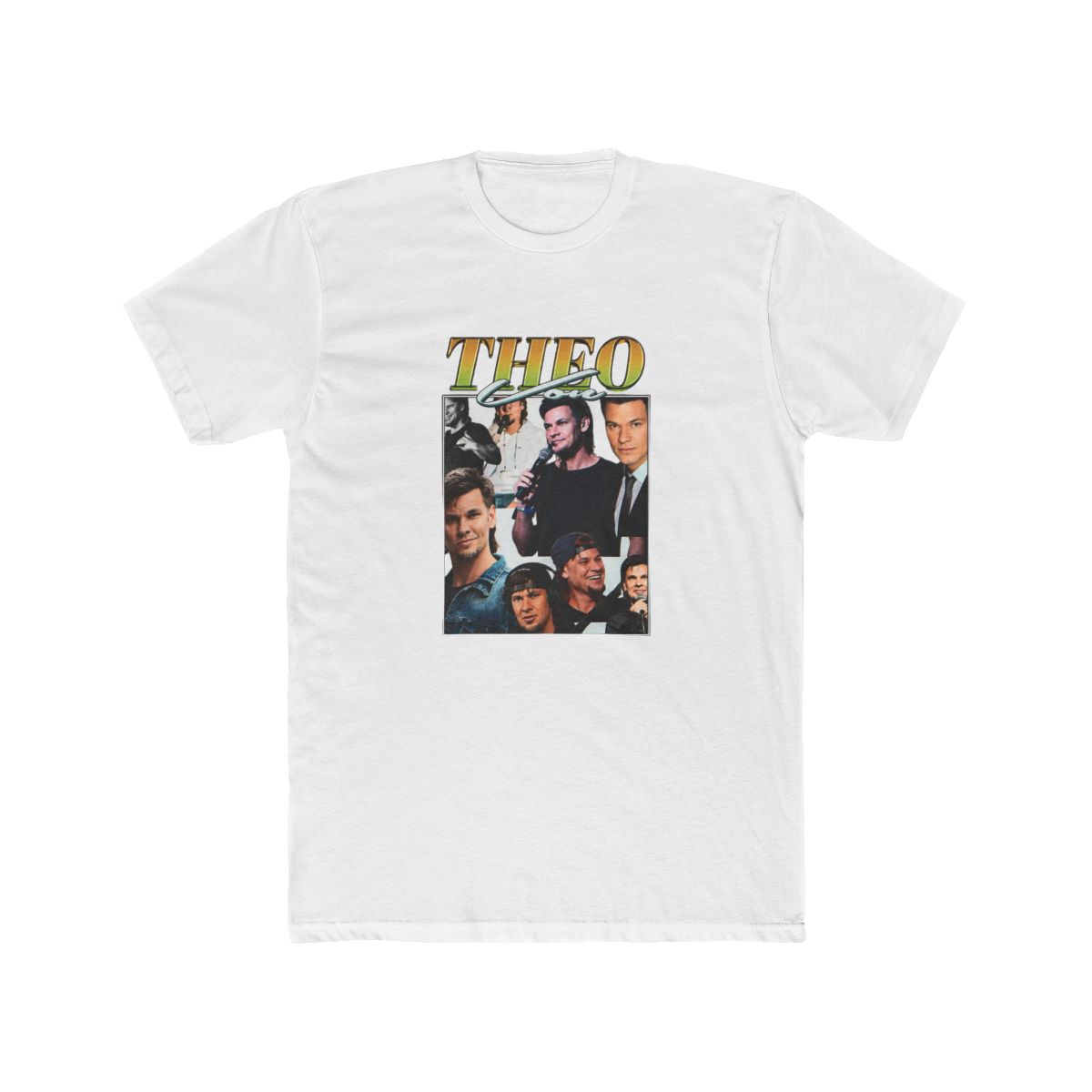 Black T Shirt featuring a collage of photos of a band called "THEO" on the front. The band members are wearing casual clothing and smiling. The text "EL COMANDANTE" is visible at the bottom of the...