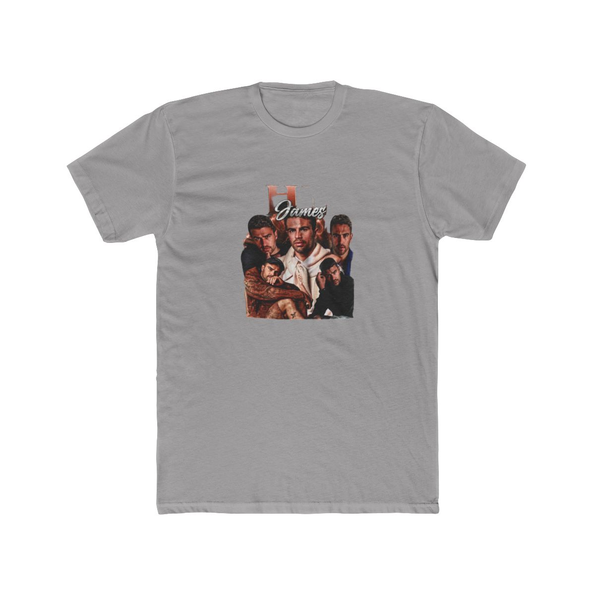 Black T Shirt with a vintage-style graphic featuring four faces and the text "THEO James"